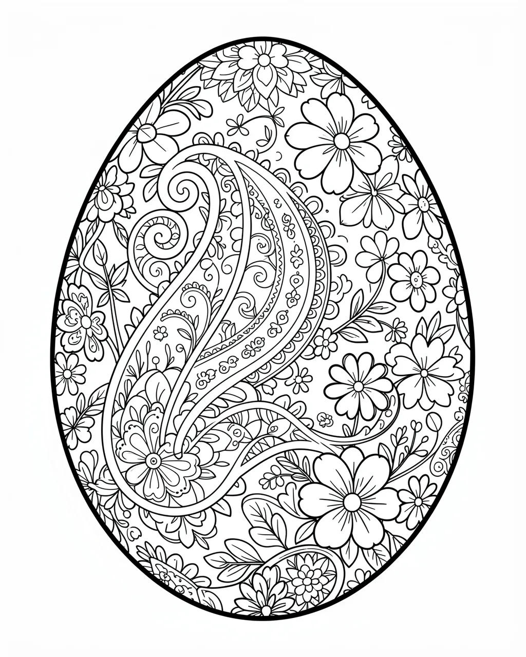 Black and white line art coloring page of a decorated easter egg with paisley and spring flower details on a white background