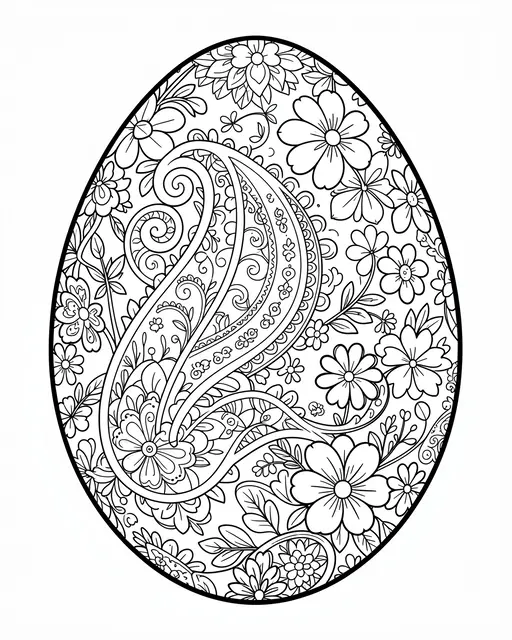 Black and white line art coloring page of a decorated easter egg with paisley and spring flower details on a white background