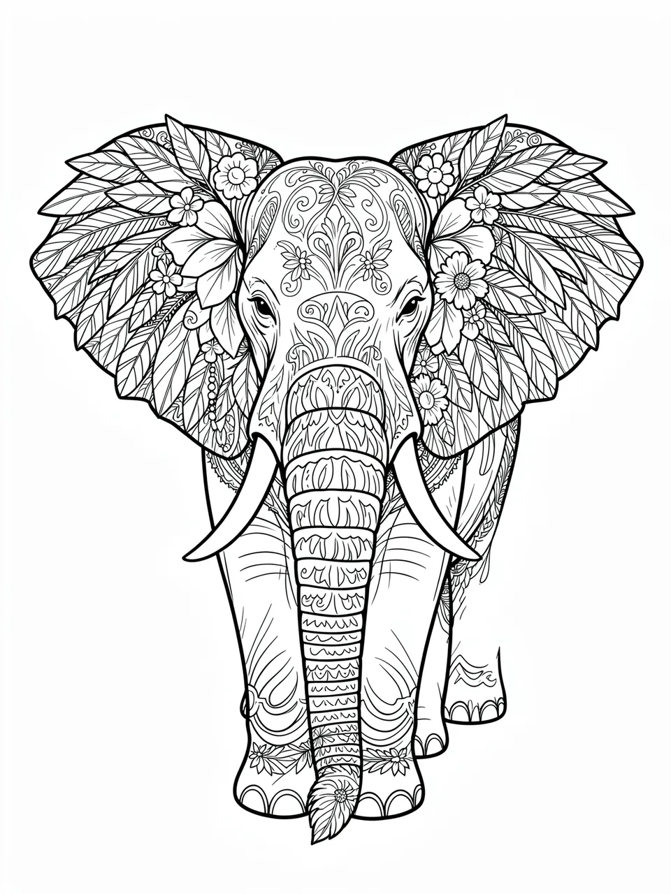 Black and white line art of a decorated elephant with floral and feather details on its large ears.