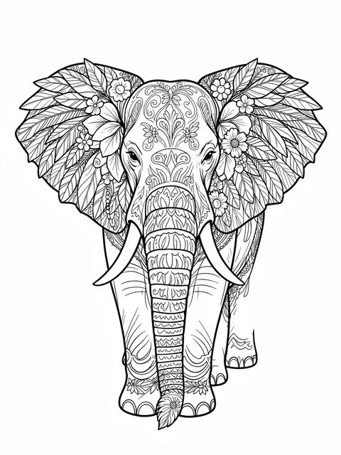 Black and white line art of a decorated elephant with floral and feather details on its large ears.