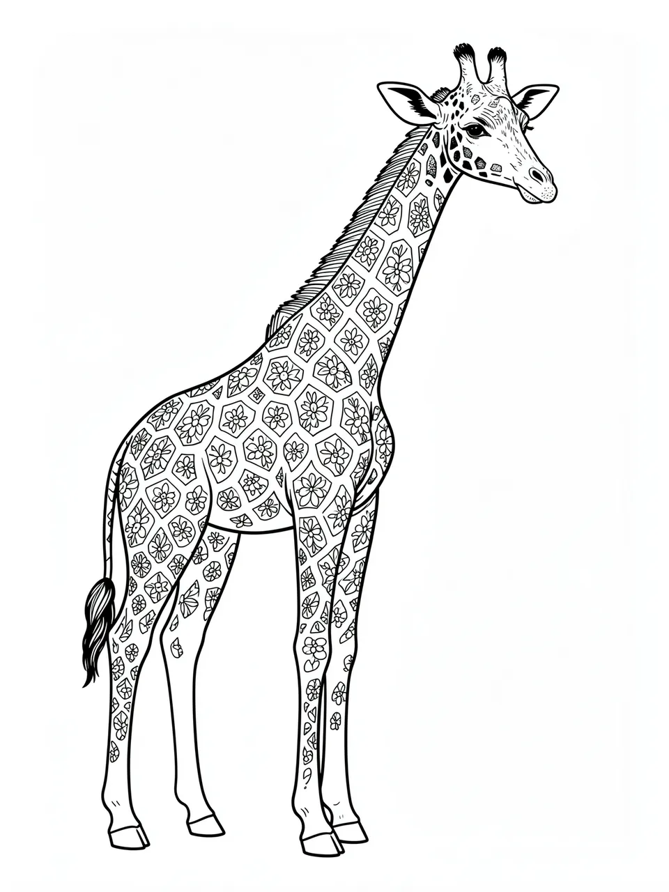 Black and white line art of a giraffe with floral patterned spots on a plain white background for coloring