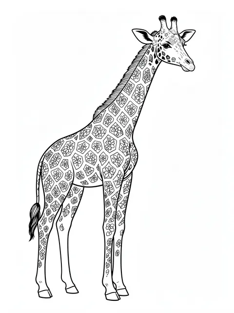 Black and white line art of a giraffe with floral patterned spots on a plain white background for coloring