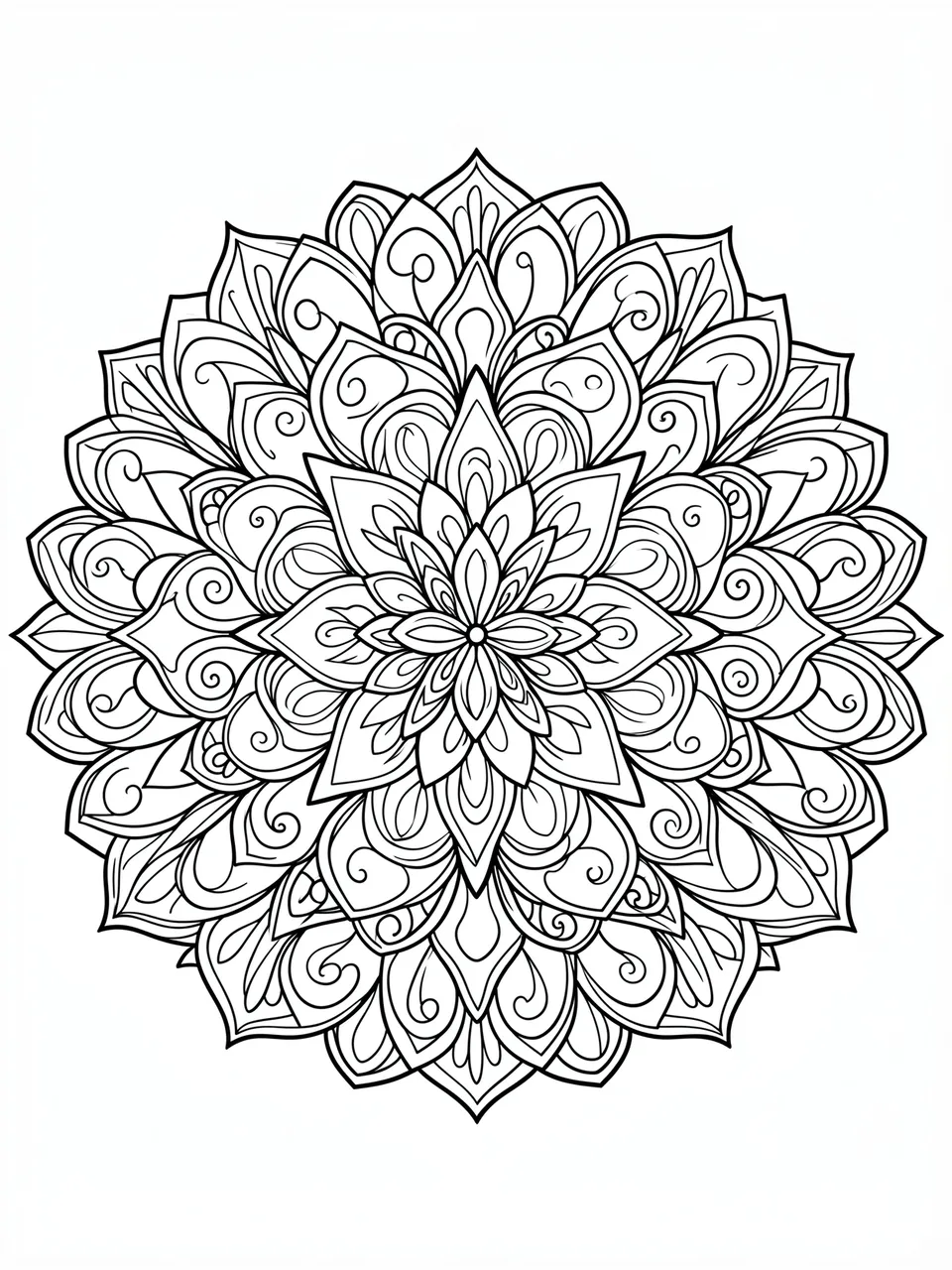 Black and white symmetrical mandala line drawing with flower petals and swirls on a plain white background