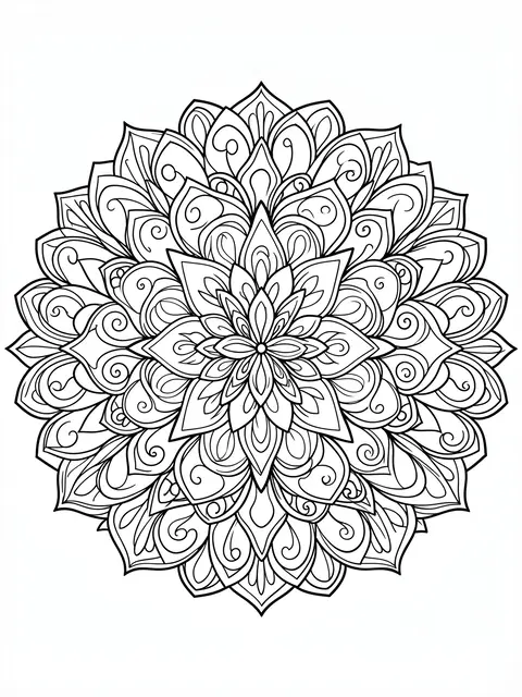 Black and white symmetrical mandala line drawing with flower petals and swirls on a plain white background