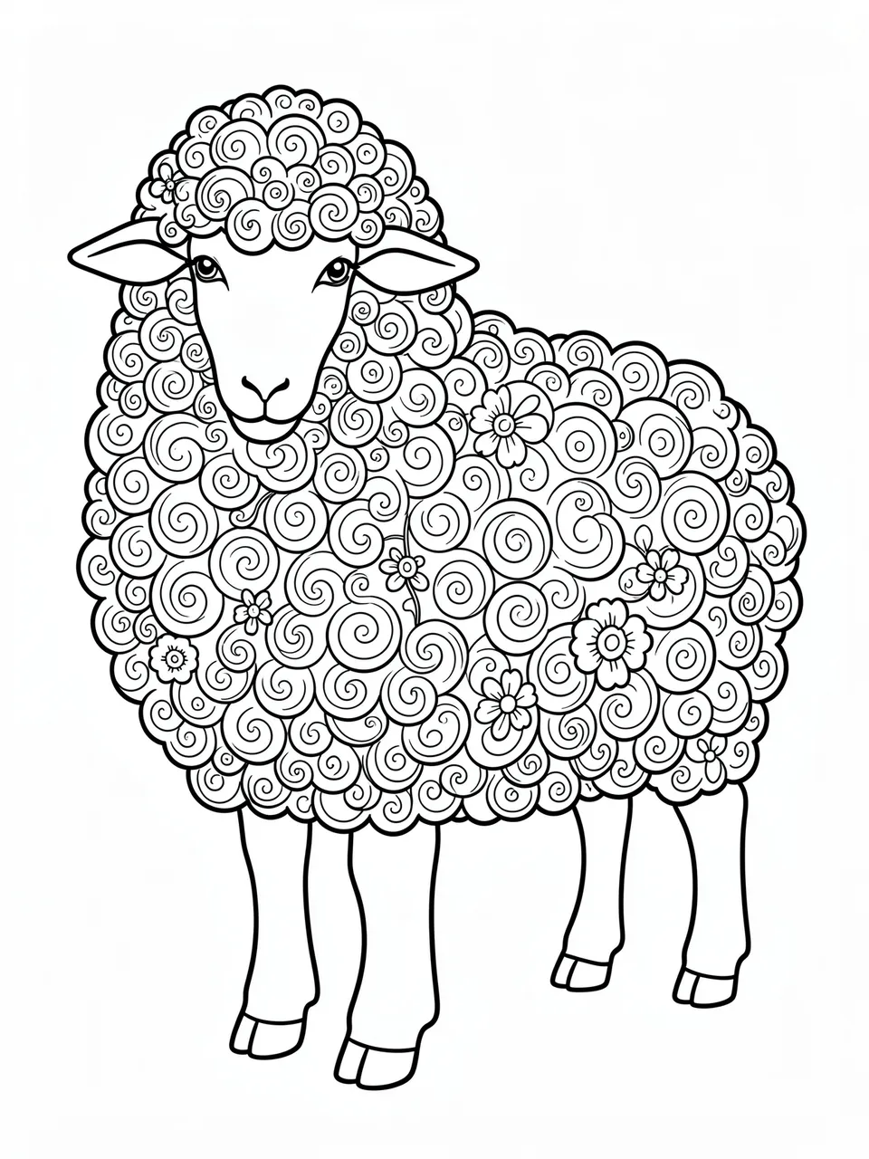 Black and white line art of a sheep with swirl and flower patterned curly wool on a plain white background