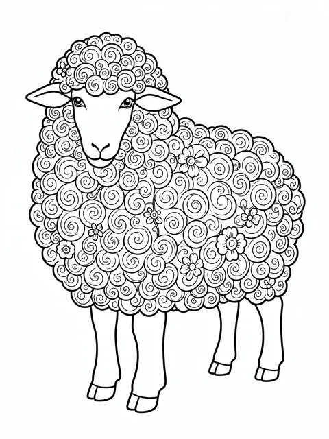 Black and white line art of a sheep with swirl and flower patterned curly wool on a plain white background