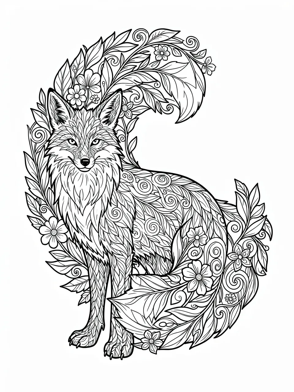 Black and white line art illustration of a detailed fox surrounded by swirling leaves and flowers on a white background