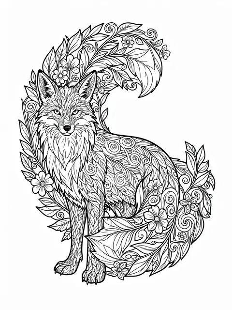 Black and white line art illustration of a detailed fox surrounded by swirling leaves and flowers on a white background