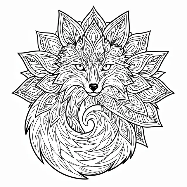 Black and white intricate line art fox mandala with a swirling curled tail on a plain white background