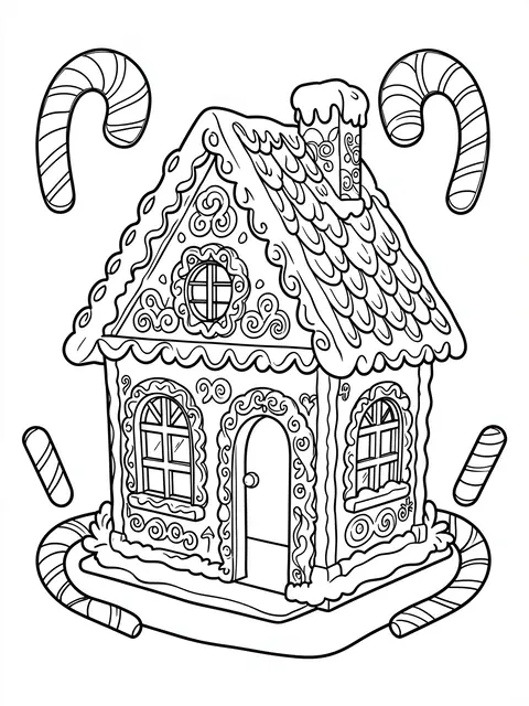 Black and white line art of a detailed gingerbread house framed by candy canes on a plain white background