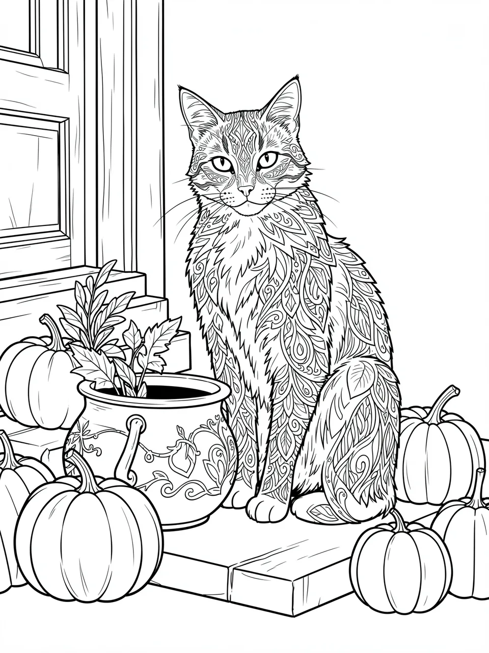 Black and white line art coloring page of a patterned cat sitting beside a decorated cauldron and pumpkins on a front