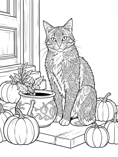 Black and white line art coloring page of a patterned cat sitting beside a decorated cauldron and pumpkins on a front