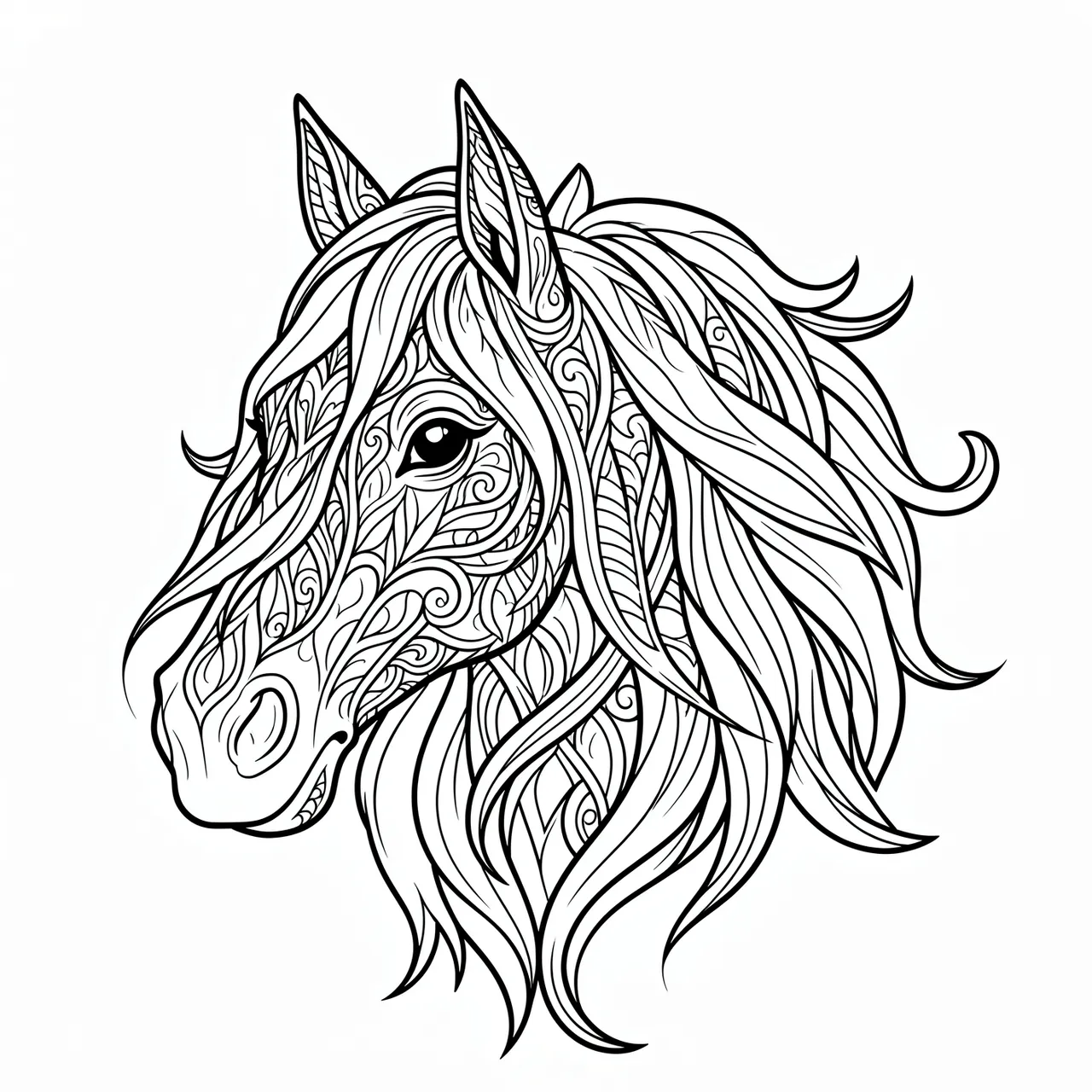 Black and white line art illustration of a decorated horse head with a flowing detailed mane on a plain white background