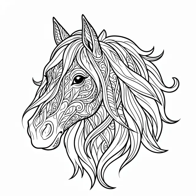 Black and white line art illustration of a decorated horse head with a flowing detailed mane on a plain white background