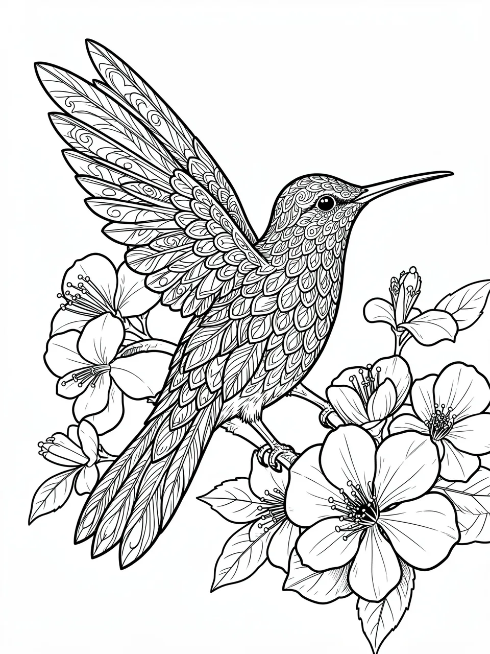 Black and white line art of a detailed hummingbird perched among blooming flower blossoms on a white background