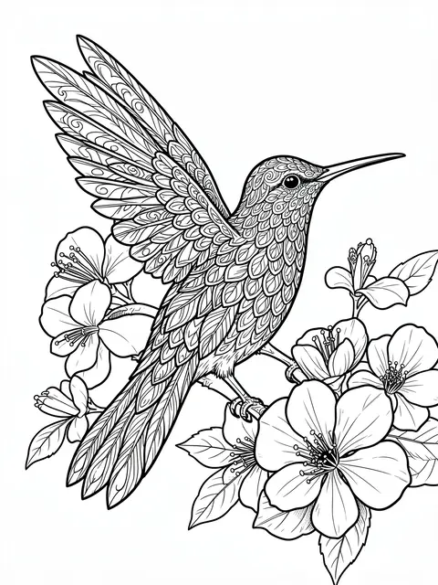 Black and white line art of a detailed hummingbird perched among blooming flower blossoms on a white background