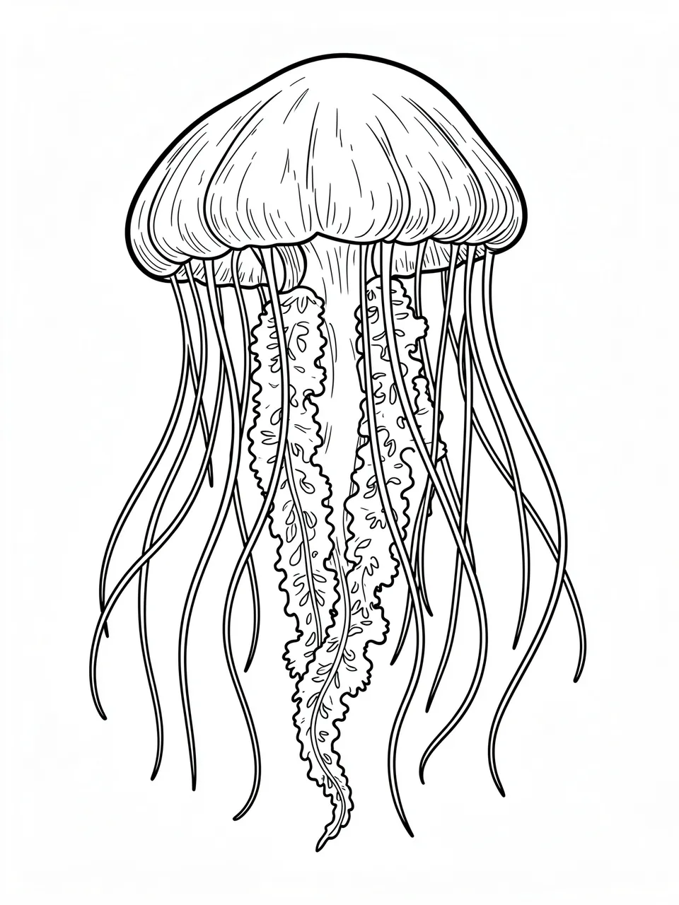 Black and white line art illustration of a detailed jellyfish with lacy tentacles on a plain white background