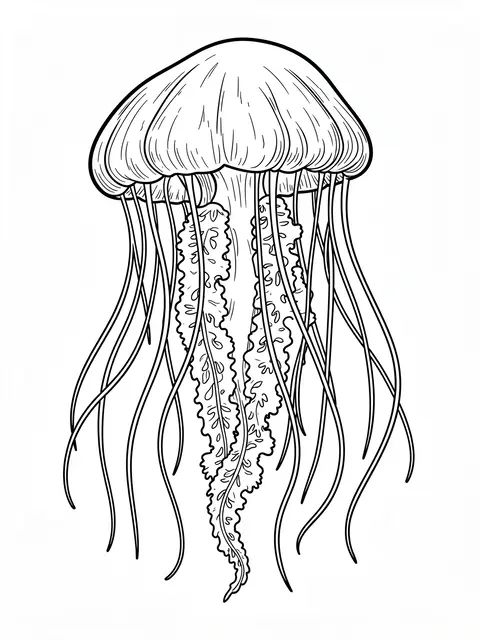 Black and white line art illustration of a detailed jellyfish with lacy tentacles on a plain white background