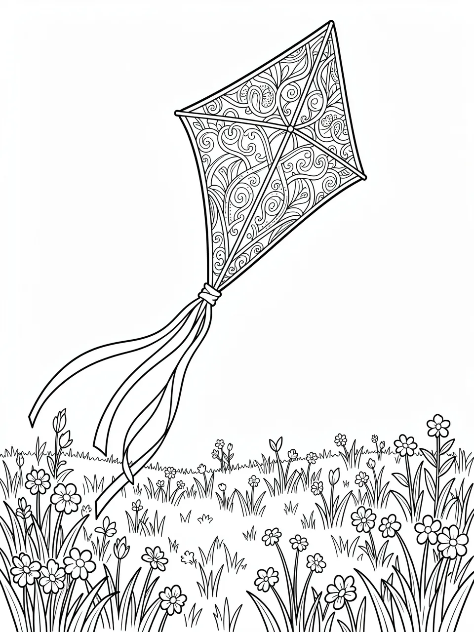 Black and white line art of a detailed patterned kite soaring above a flower-filled spring meadow