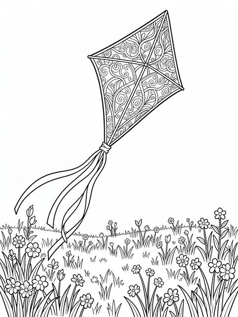 Black and white line art of a detailed patterned kite soaring above a flower-filled spring meadow