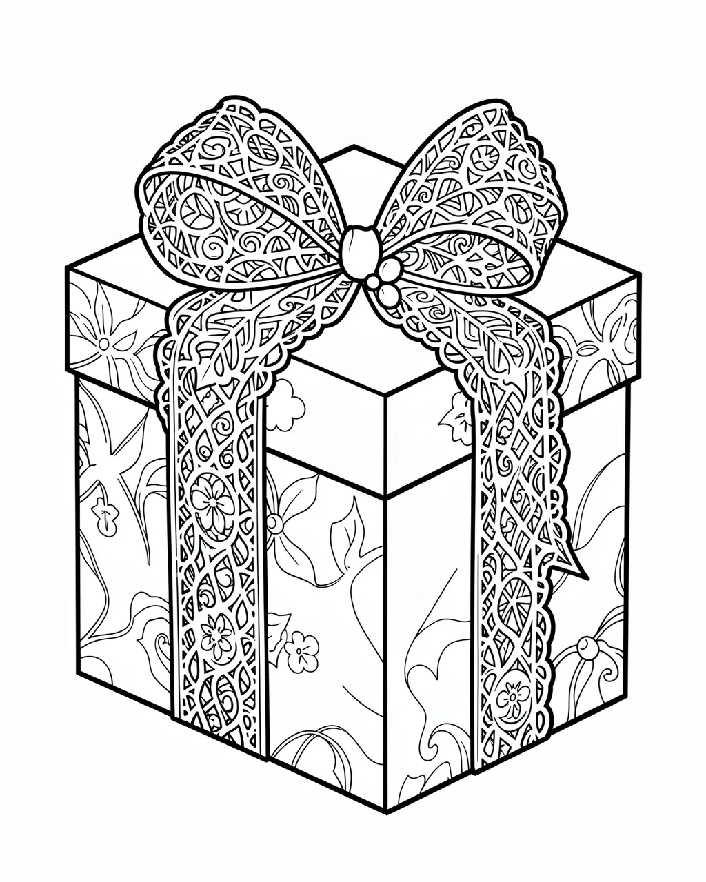 Black and white line art of an intricately patterned wrapped gift box with a detailed lace ribbon bow on a white background
