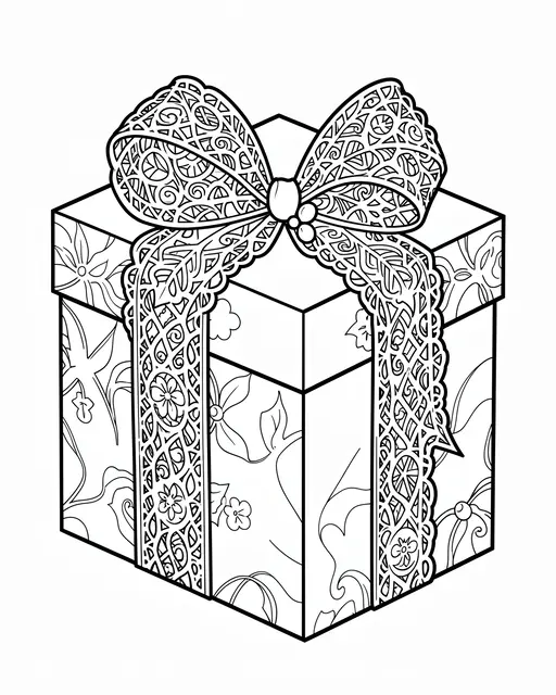 Black and white line art of an intricately patterned wrapped gift box with a detailed lace ribbon bow on a white background