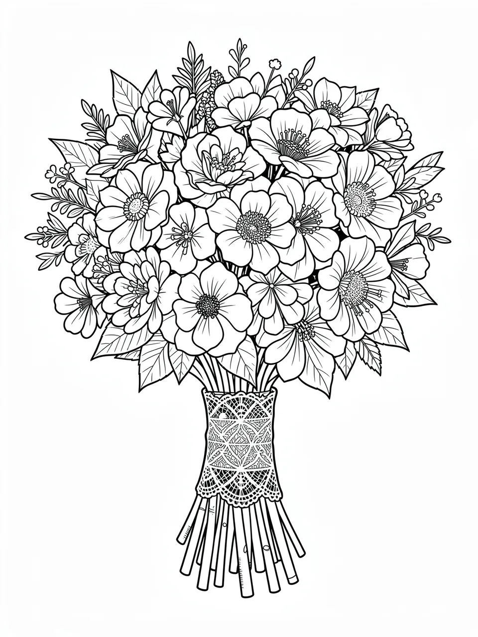 Black and white line art coloring page of a detailed mixed flower bouquet tied with lace on a plain white background