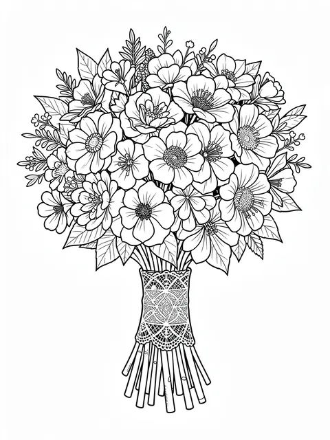 Black and white line art coloring page of a detailed mixed flower bouquet tied with lace on a plain white background