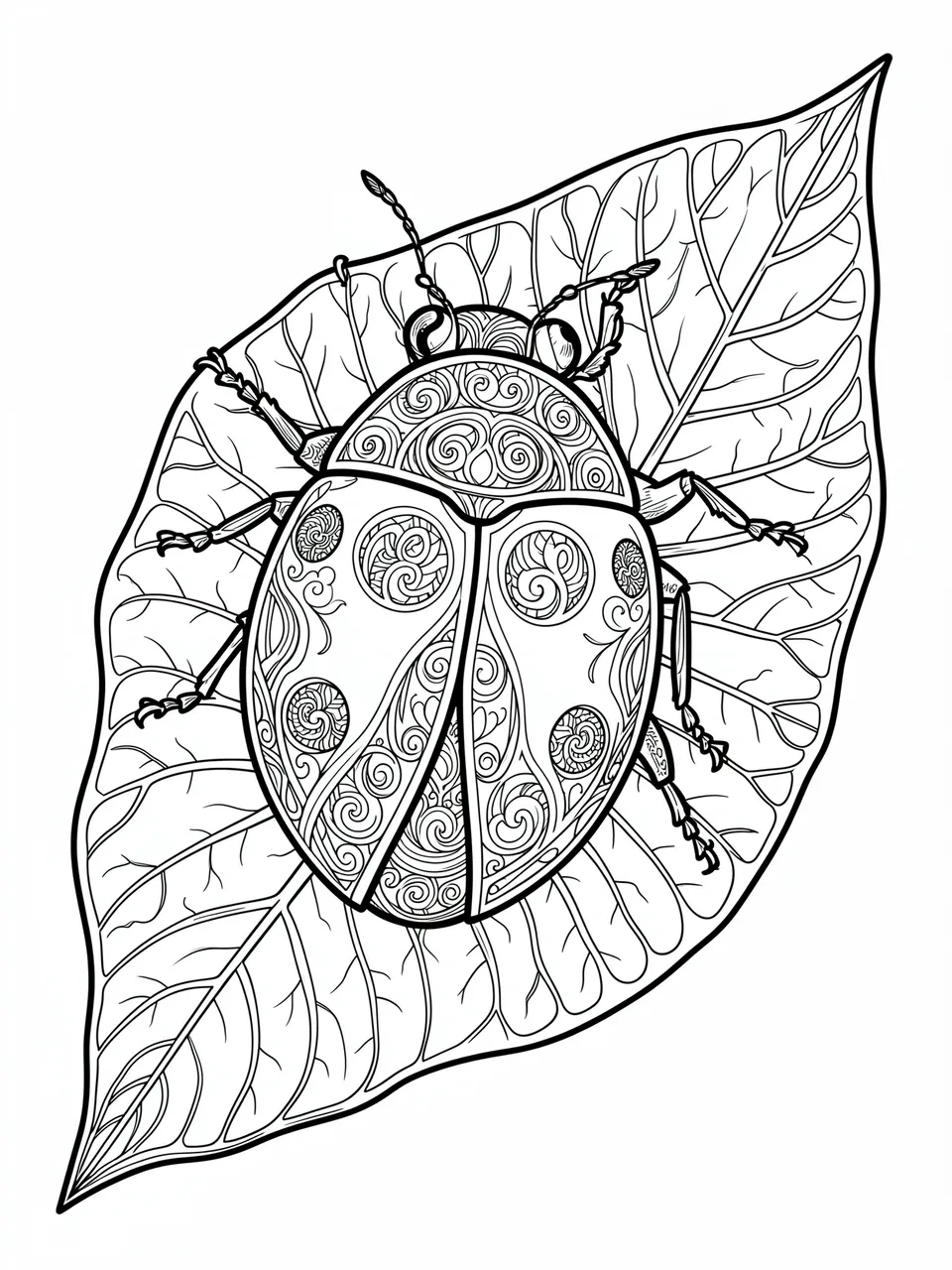 Black and white detailed line art of an ornate patterned ladybug resting on a veined leaf on a plain white background