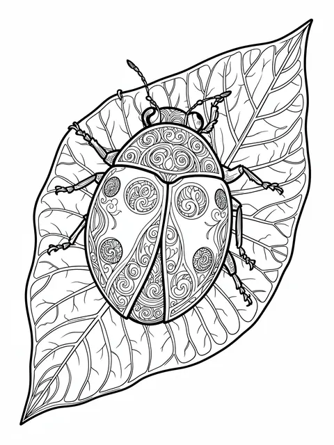 Black and white detailed line art of an ornate patterned ladybug resting on a veined leaf on a plain white background