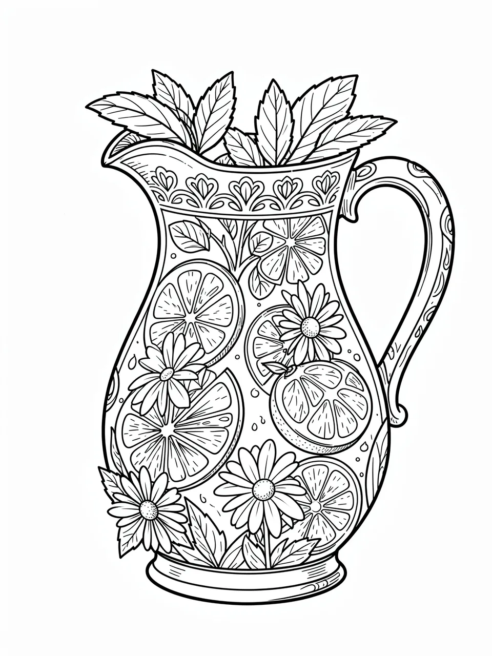 Black and white line art of a decorative pitcher filled with lemon slices, mint leaves and daisies on a plain white