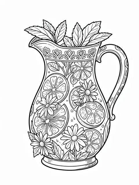 Black and white line art of a decorative pitcher filled with lemon slices, mint leaves and daisies on a plain white