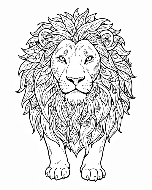 Black and white line art of a lion with a mane made of swirling leaves and small flowers on a plain white background
