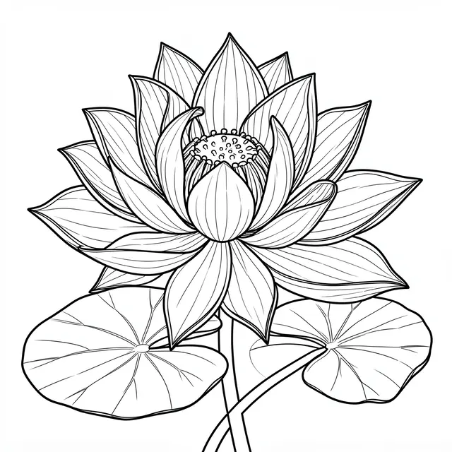 Black and white line art of a detailed lotus flower with lily pads on a plain white background