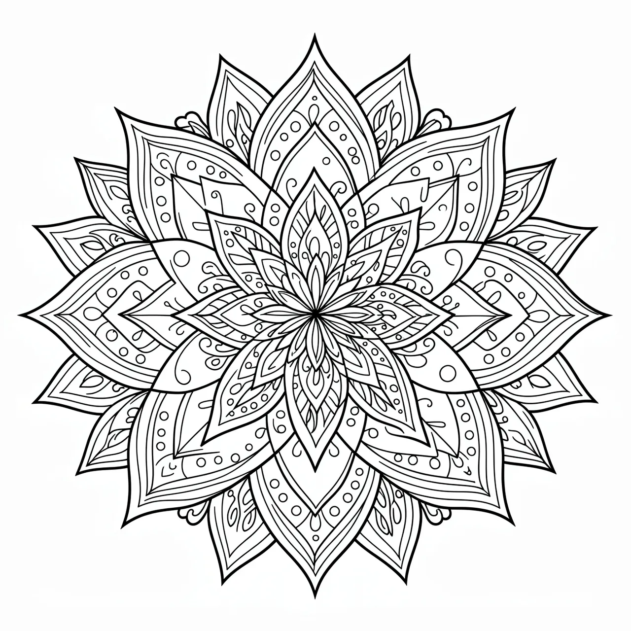 Symmetrical black and white line art lotus mandala with pointed petals and decorative dots on a plain white background
