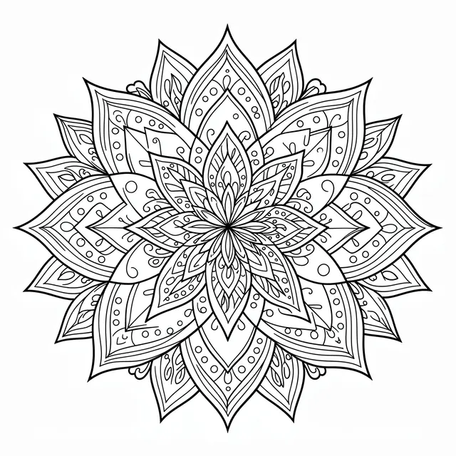 Symmetrical black and white line art lotus mandala with pointed petals and decorative dots on a plain white background