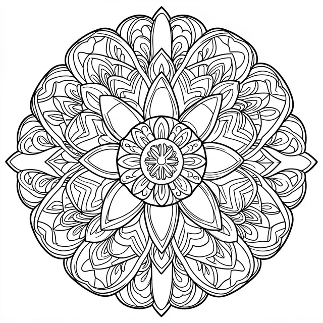Black and white line art of a detailed symmetrical mandala on a plain white background