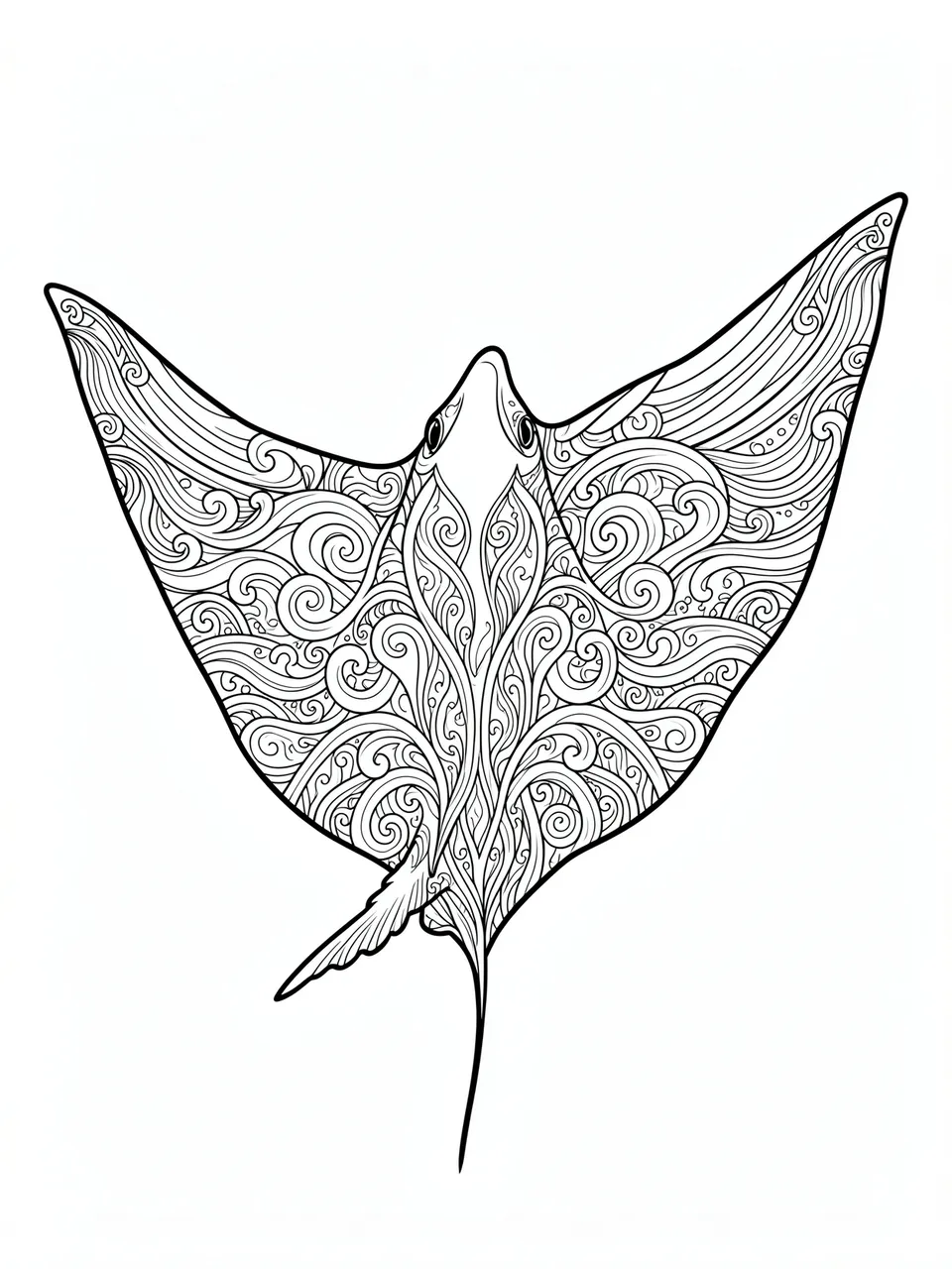 Black and white line art of a patterned manta ray against a plain white background