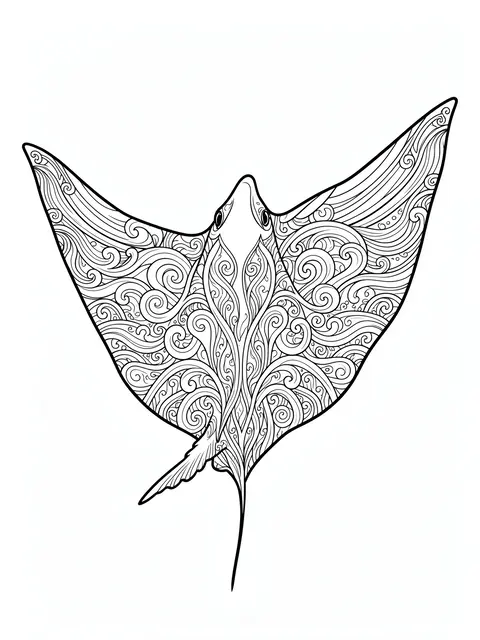 Black and white line art of a patterned manta ray against a plain white background