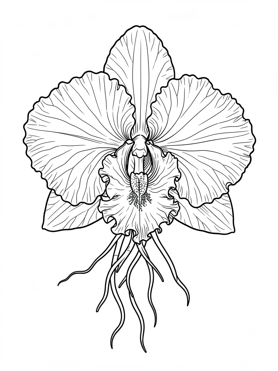 Black and white line drawing of a detailed ruffled orchid with aerial roots on a plain white background