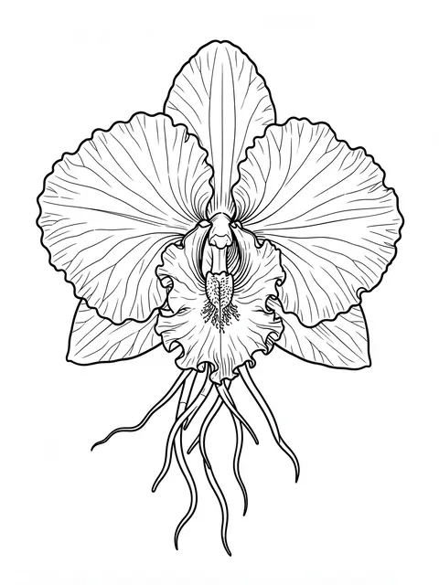 Black and white line drawing of a detailed ruffled orchid with aerial roots on a plain white background