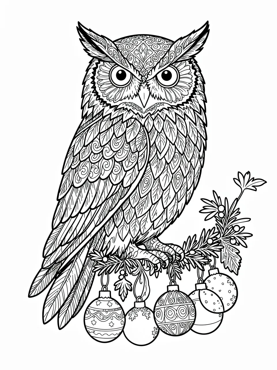 Black and white line art of an ornate patterned owl perched on a festive branch with hanging Christmas baubles, isolated on