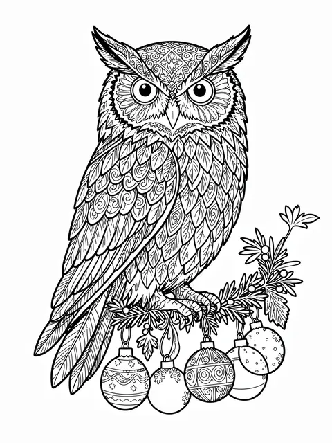 Black and white line art of an ornate patterned owl perched on a festive branch with hanging Christmas baubles, isolated on