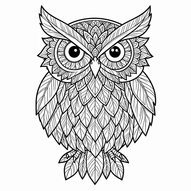 Black and white detailed line art of an owl mandala with feather patterns on a plain white background