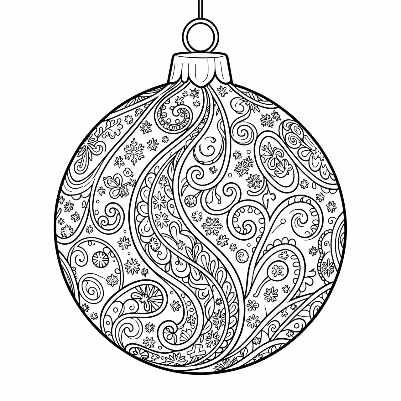 Black and white line art coloring page of a detailed paisley-patterned Christmas bauble on a plain white background