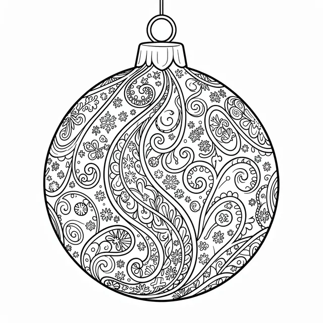 Black and white line art coloring page of a detailed paisley-patterned Christmas bauble on a plain white background