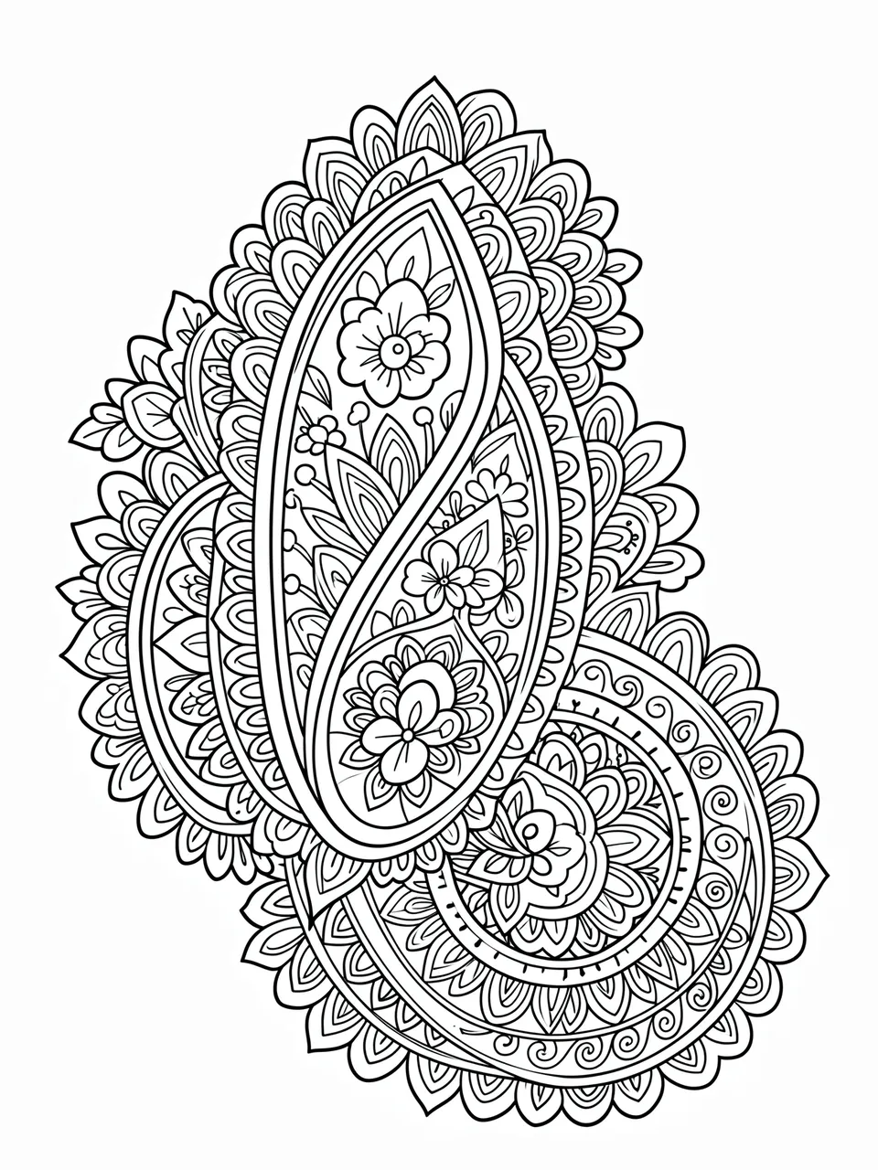 Black and white line art of a detailed ornate paisley pattern on a plain white background