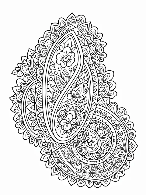 Black and white line art of a detailed ornate paisley pattern on a plain white background