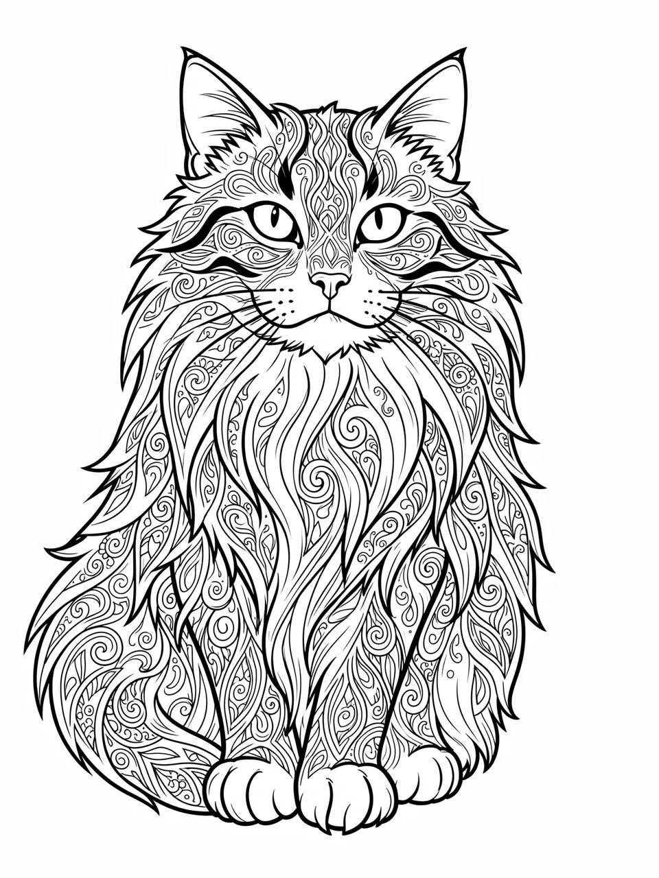 Black and white line art coloring page of a long-haired cat covered in paisley swirl patterns on a plain white background