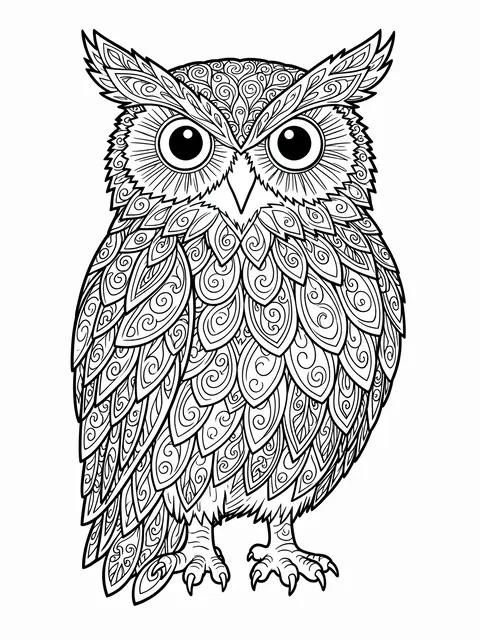 Black and white line art of an owl with paisley patterned feathers on a white background